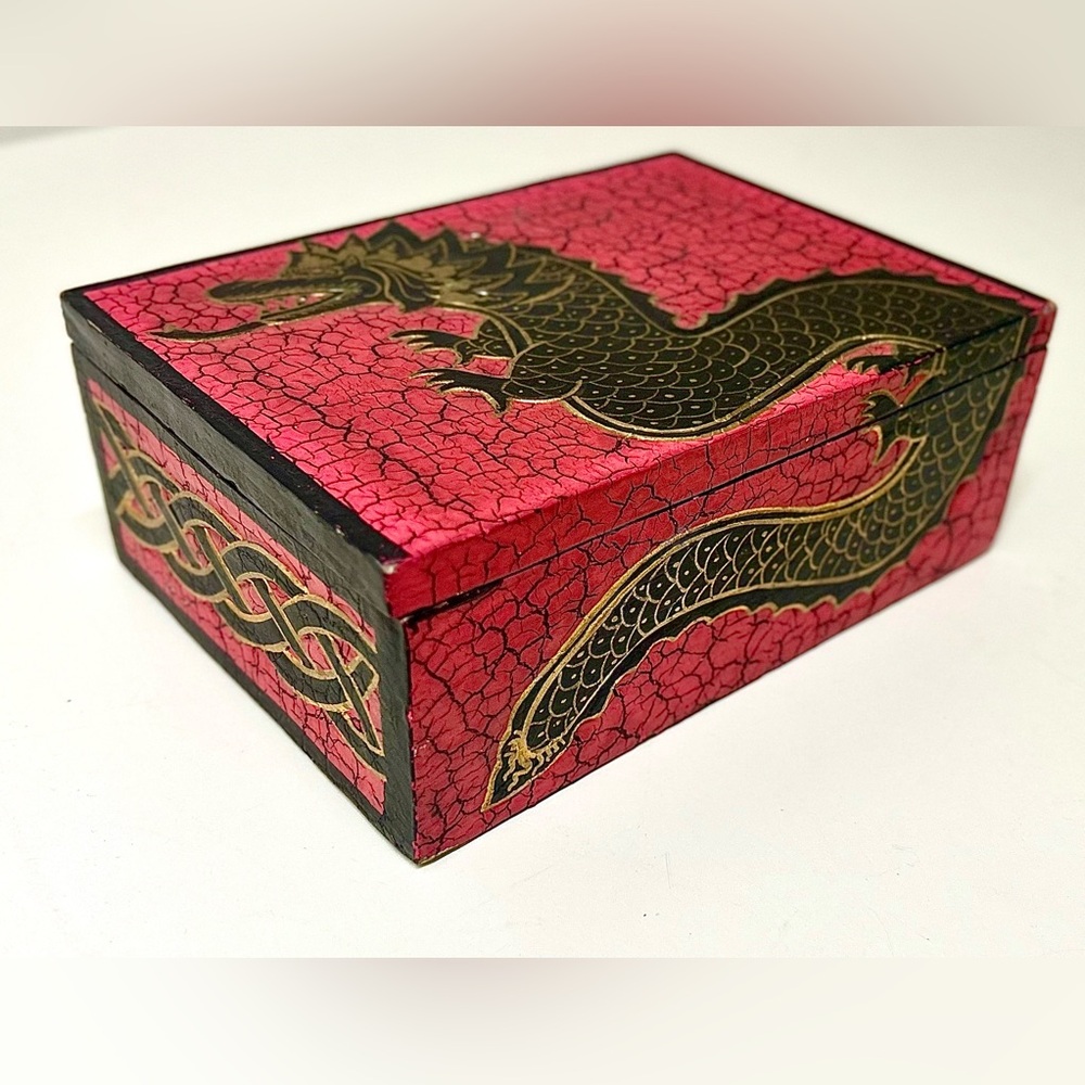 Vintage Oriental Hand Painted Dragon Design Hinge Lidded Wooden Jewelry Box